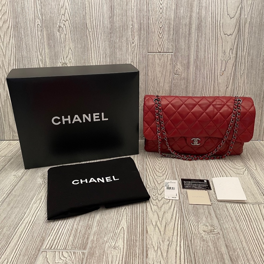 CHANEL Lambskin Maxi Quilted Chanel 3 Flap Bag Dark Red
